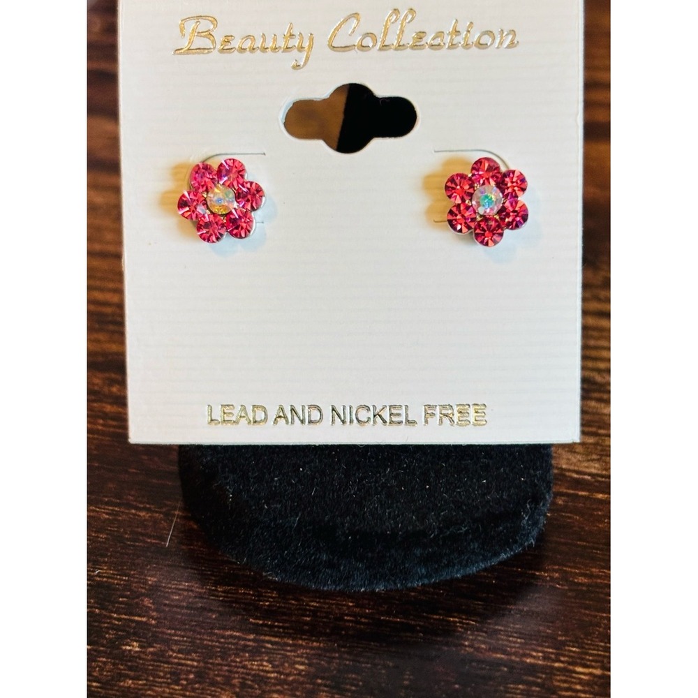 Pink Rhinestone Flower Stud Earrings Lead & Nickel Free Floral